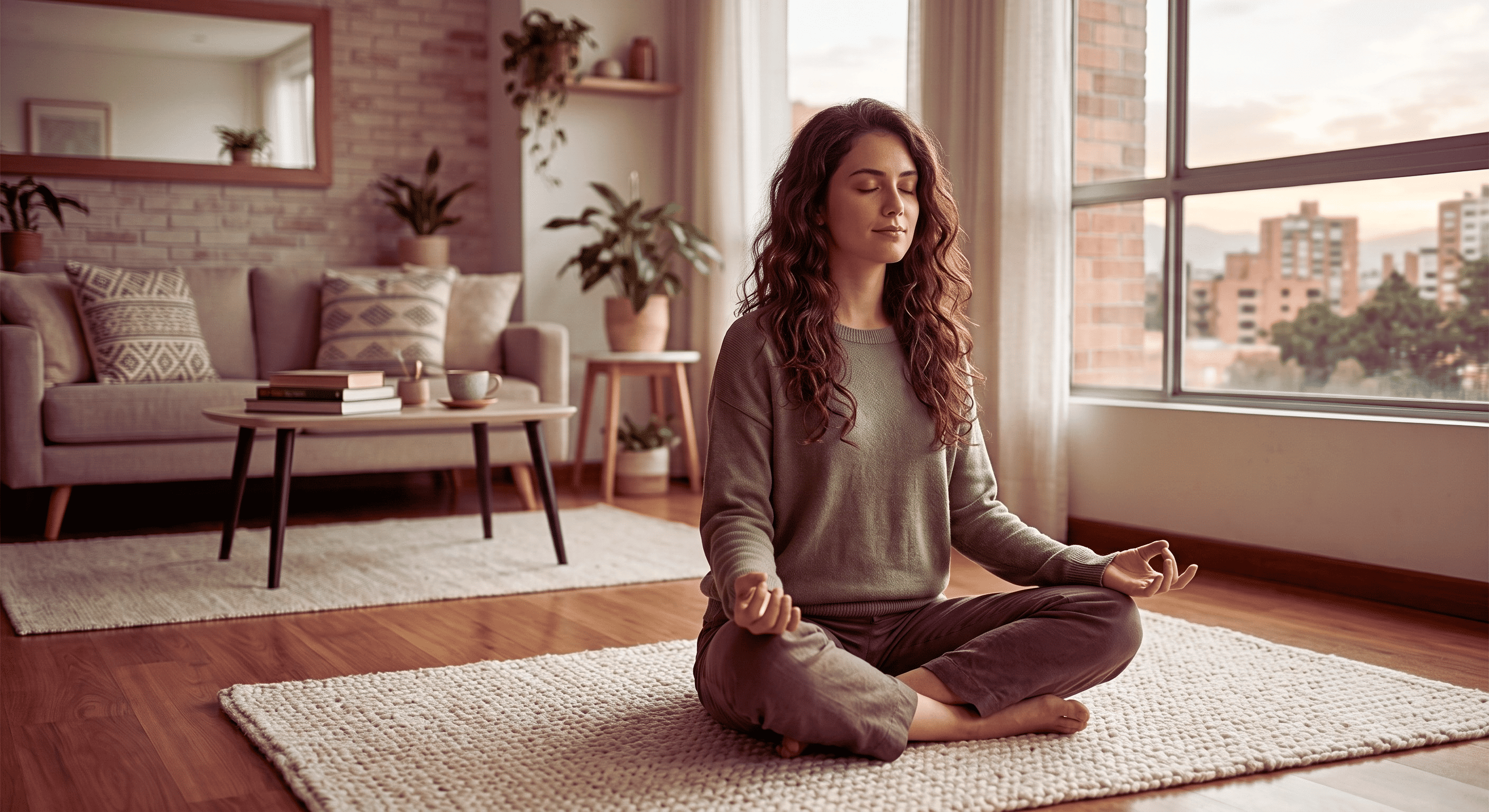 Mujer meditando al amanecer